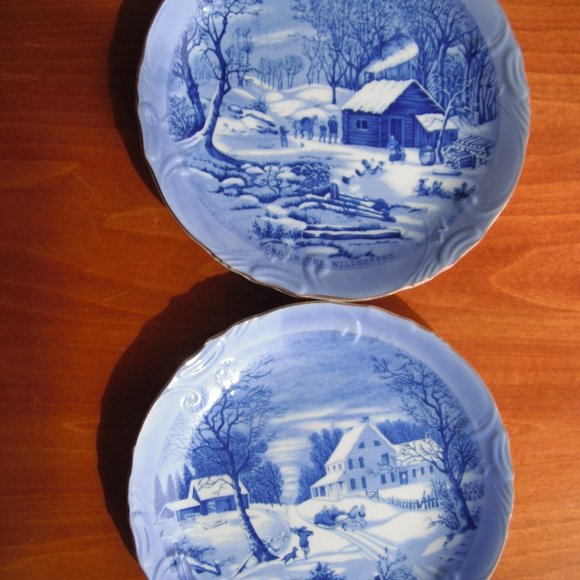 Vintage 2 Plates Currier & Ives Winter Scenes Blue-White Home Wall Decor Japan - Picture 10 of 11